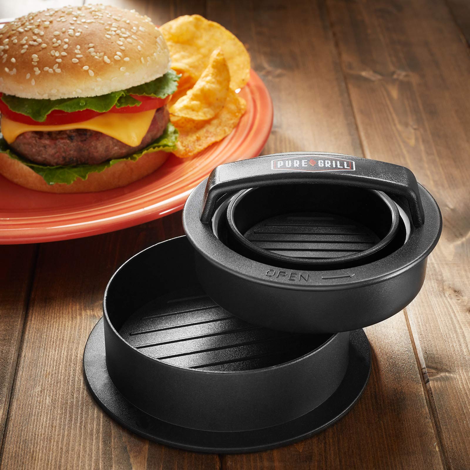 A relevant stock photo of burger press in a typical setting.