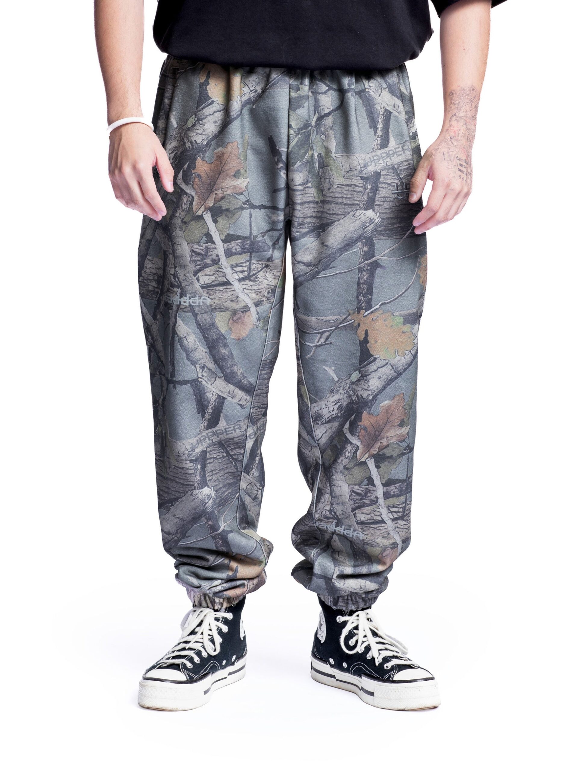 A relevant stock photo of camo sweatpants in a typical setting.
