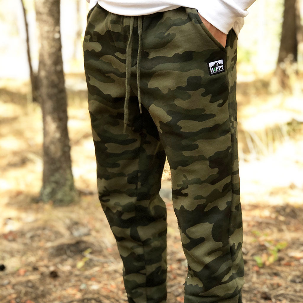 A relevant stock photo of camo sweatpants in a typical setting.