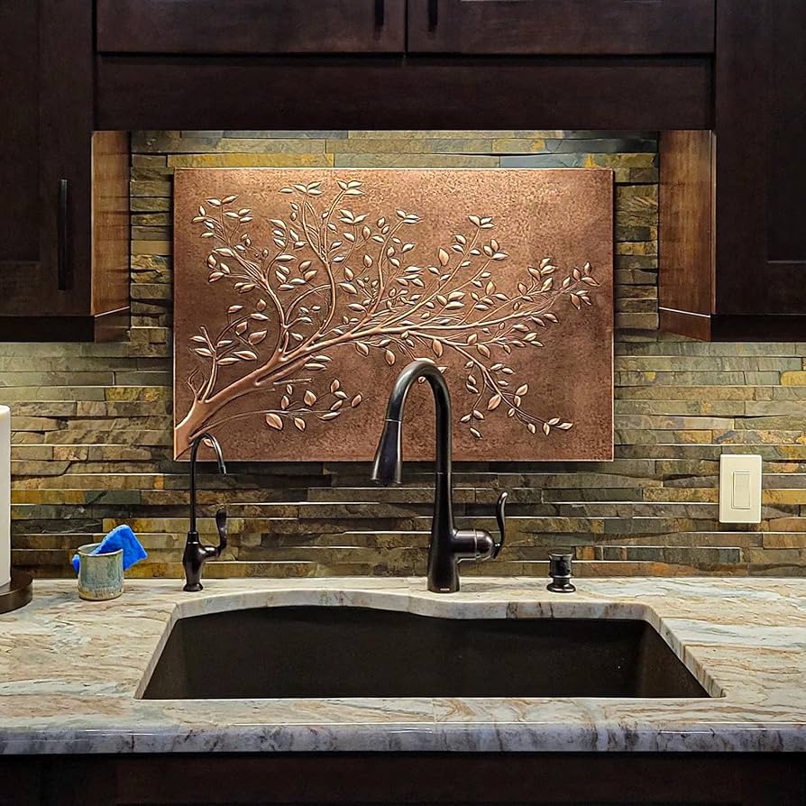A relevant stock photo of copper backsplash in a typical setting.