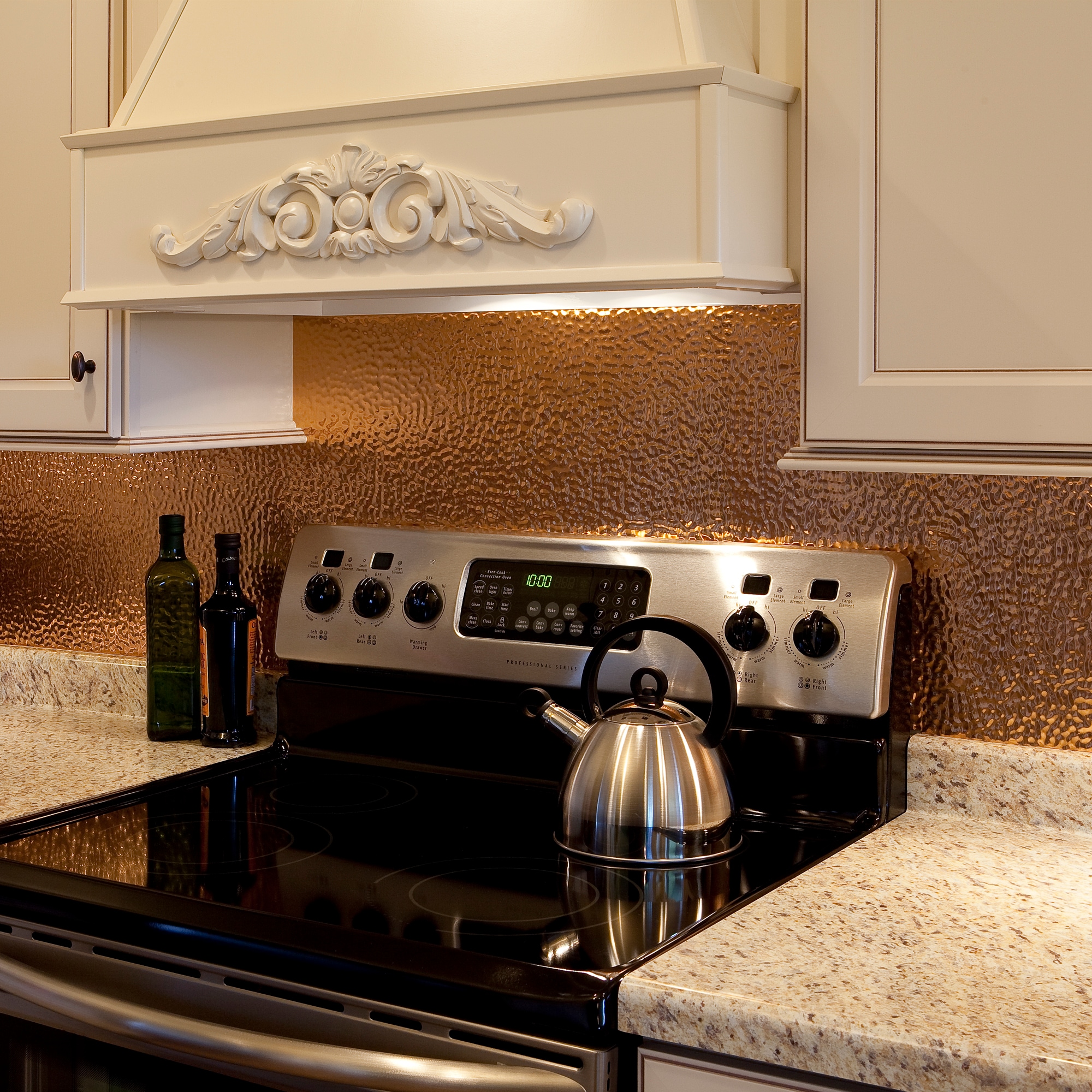 A relevant stock photo of copper backsplash in a typical setting.