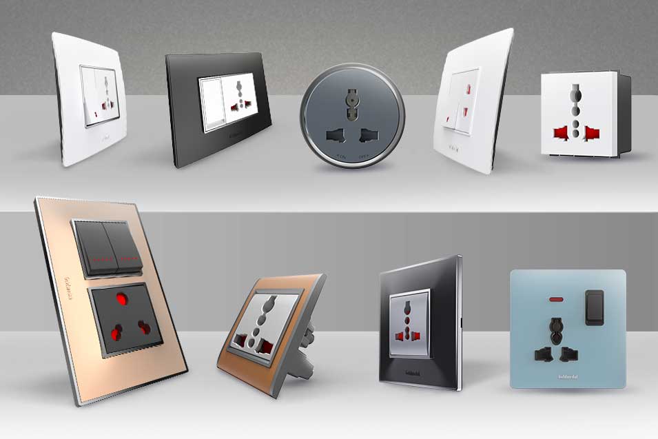 A relevant stock photo of different types of electrical sockets in a typical setting.