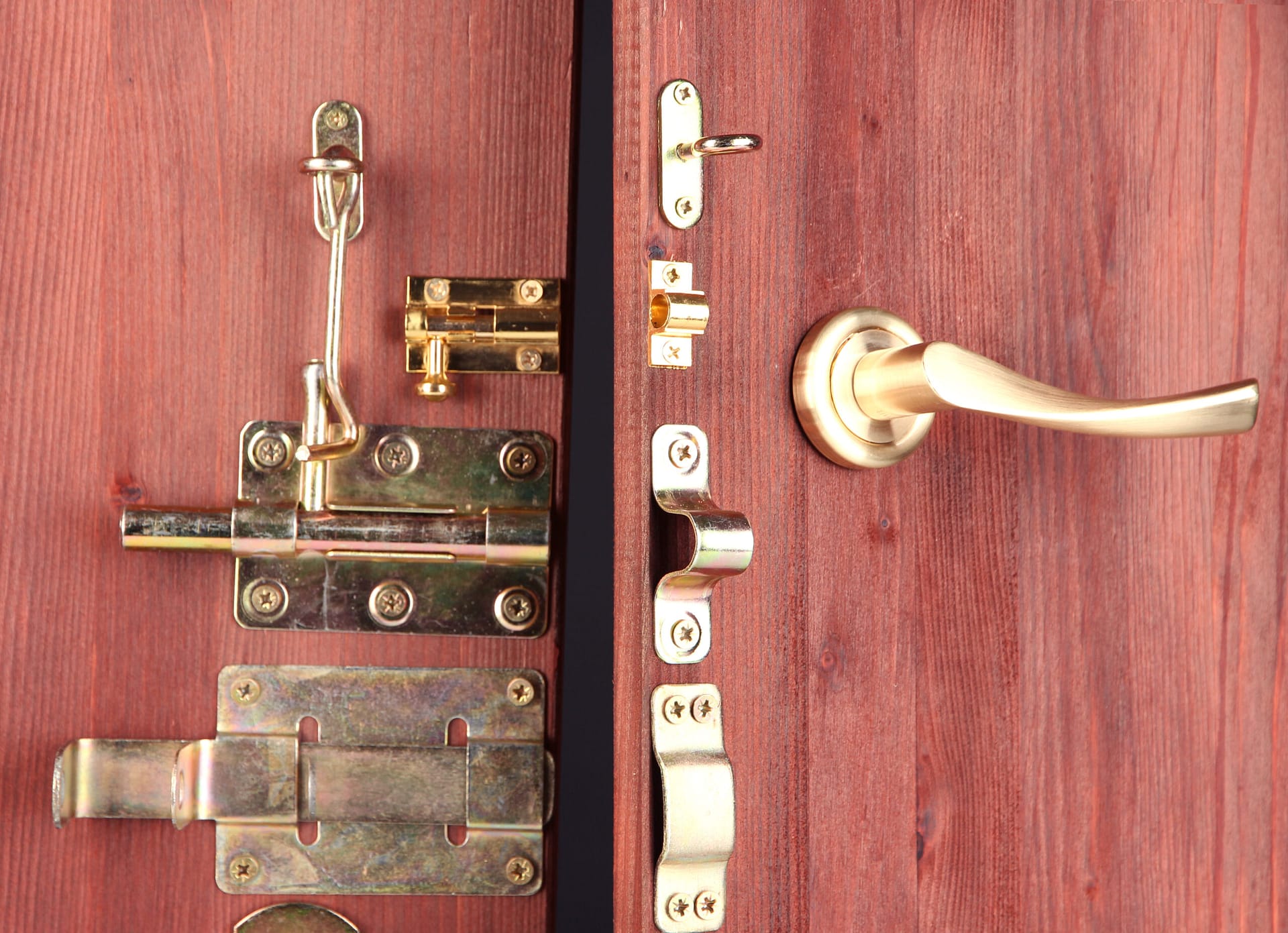 A relevant stock photo of door latch types in a typical setting.