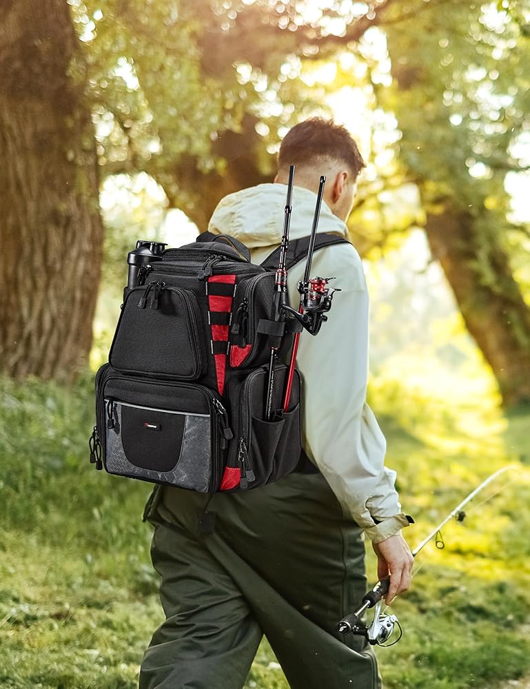 A relevant stock photo of fishing backpack in a typical setting.