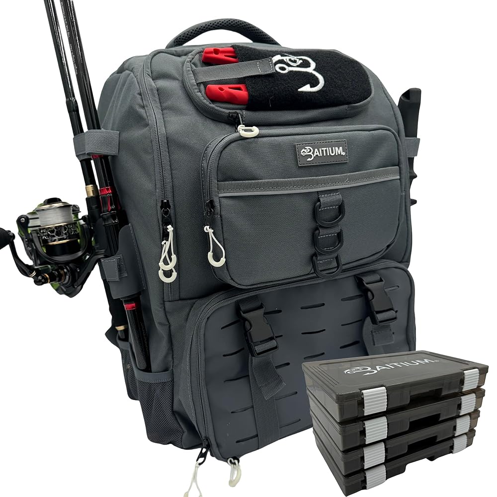 A relevant stock photo of fishing backpack in a typical setting.