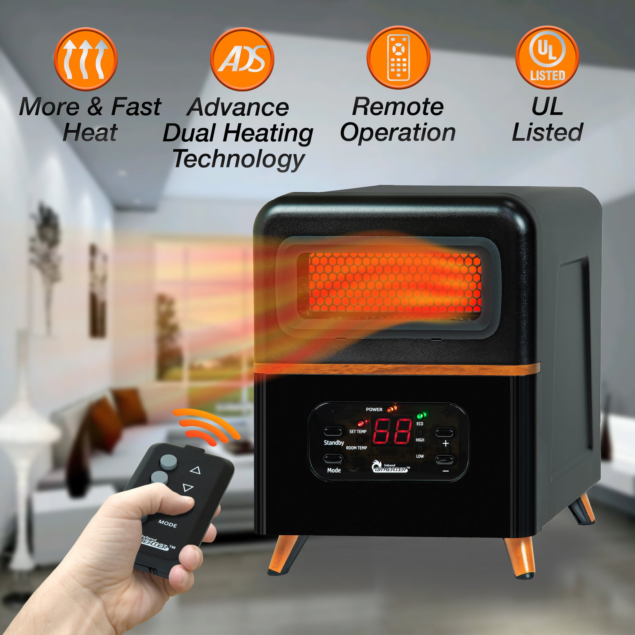 A relevant stock photo of heat infrared heaters in a typical setting.
