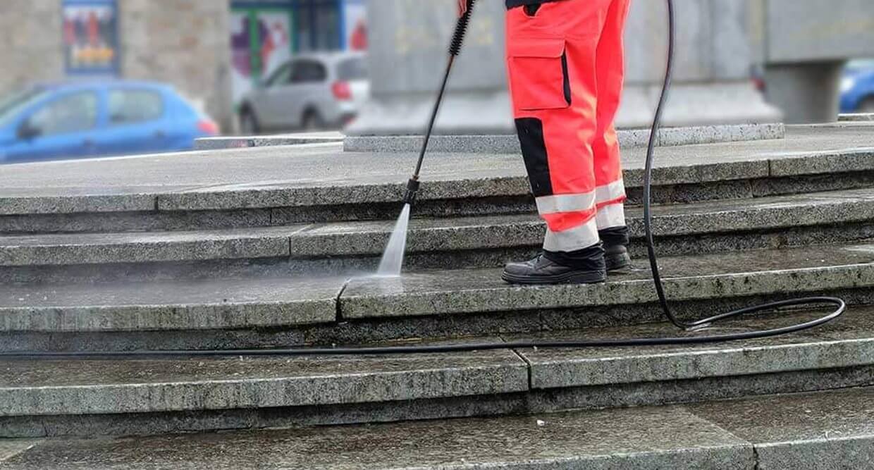 A relevant stock photo of hot water pressure washer in a typical setting.