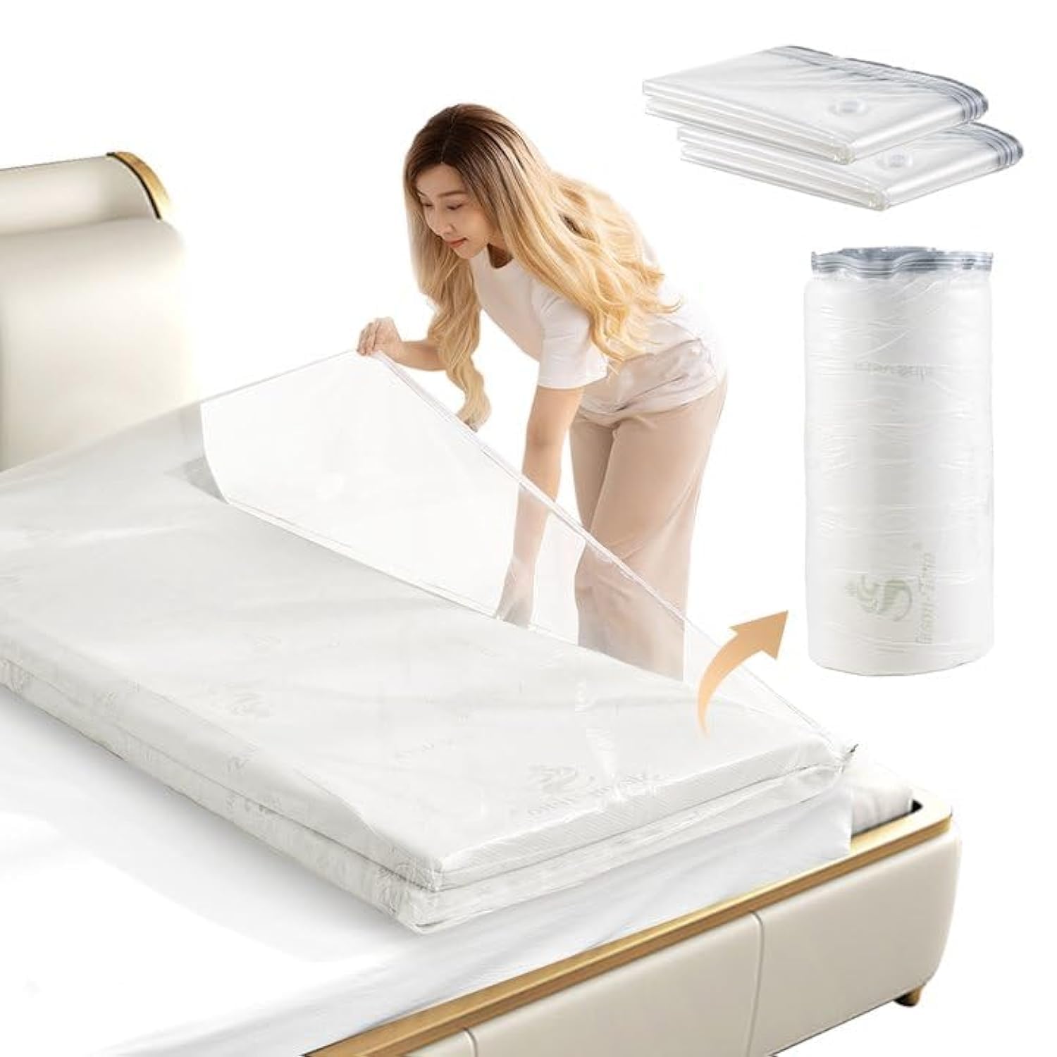 A relevant stock photo of mattress in a bag in a typical setting.