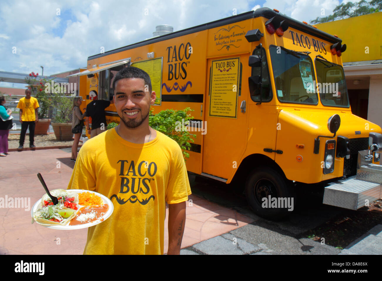 A relevant stock photo of mexican food truck in a typical setting.
