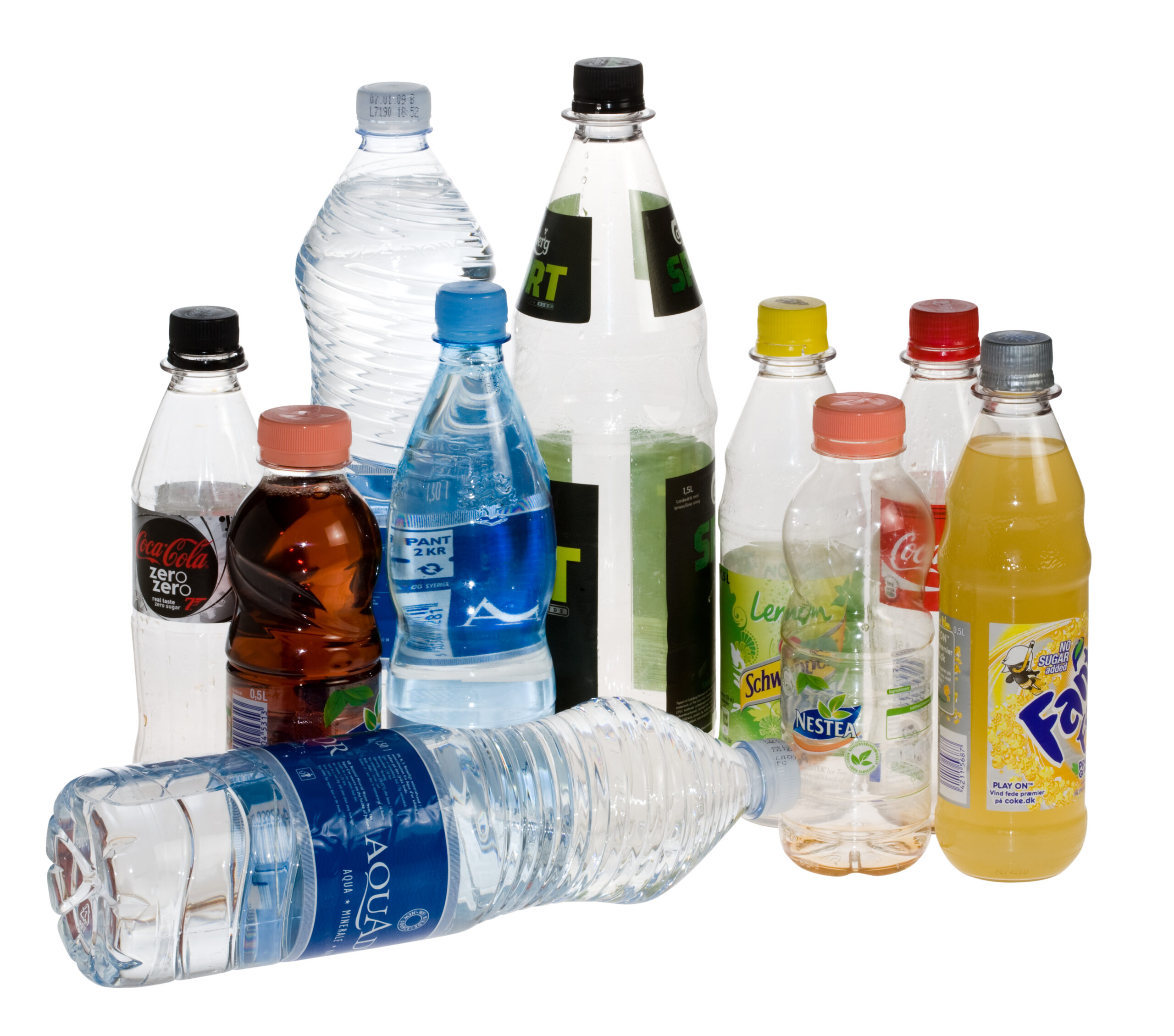 A relevant stock photo of plastic bottles in a typical setting.