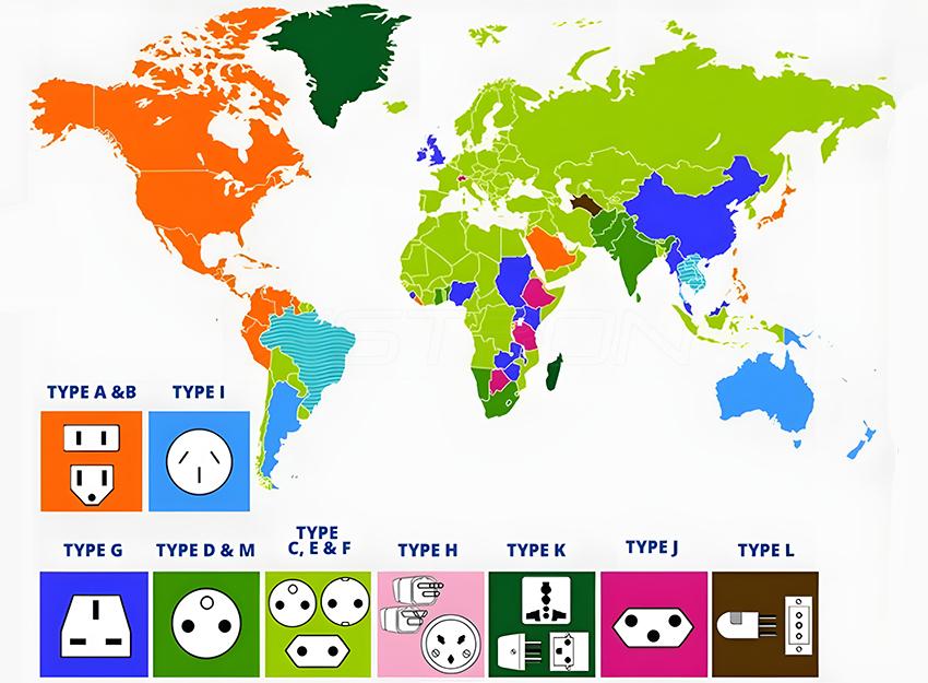 A relevant stock photo of power socket types by country in a typical setting.