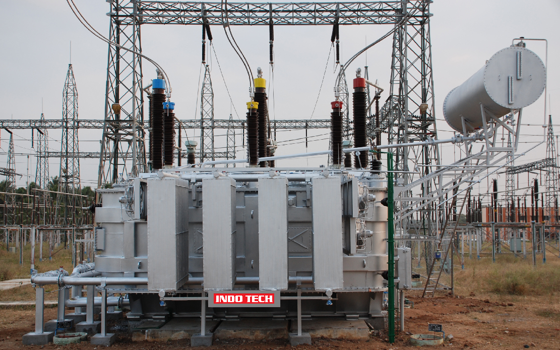 A relevant stock photo of power transfromer in a typical setting.