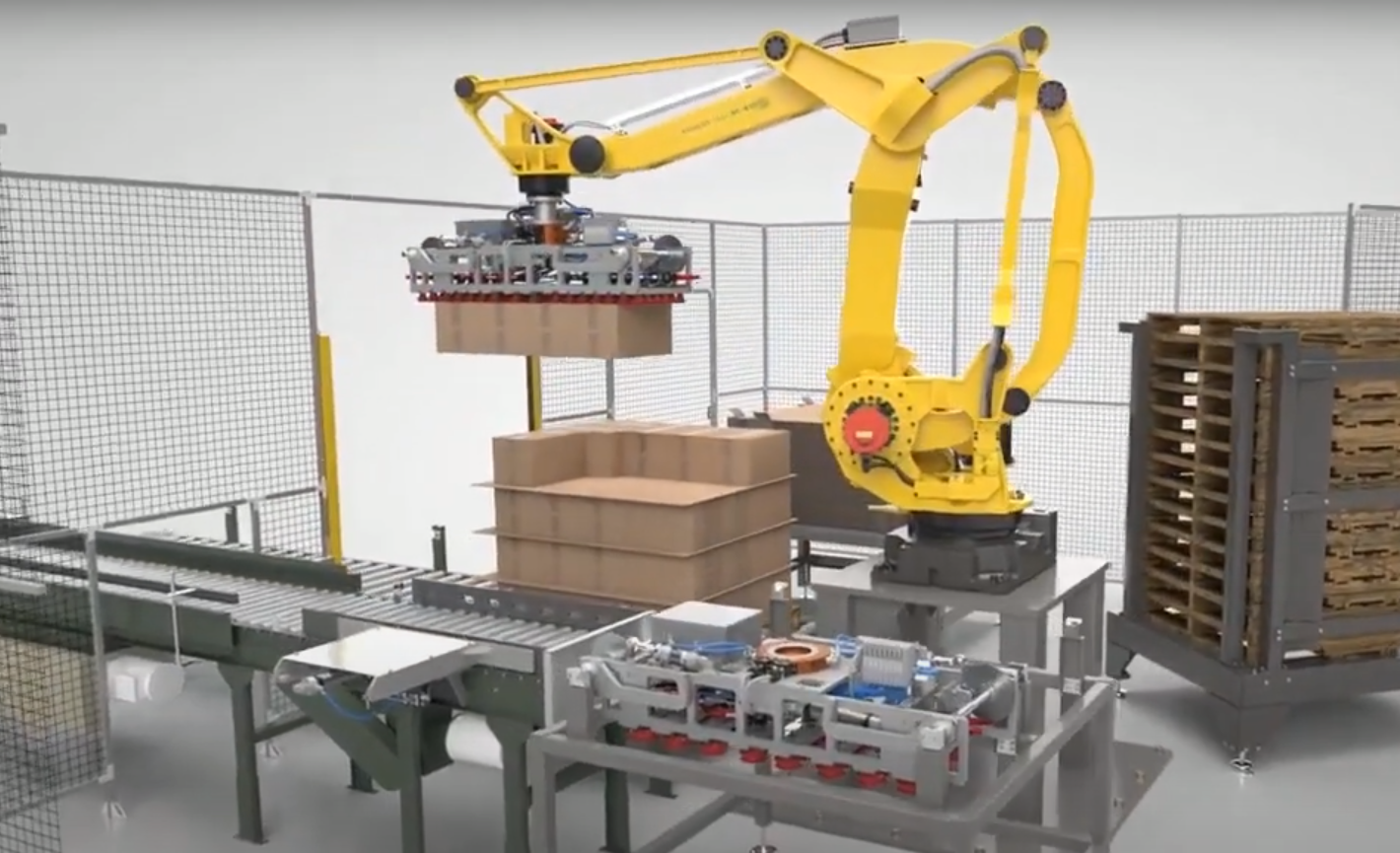 A relevant stock photo of robotic palletizing in a typical setting.