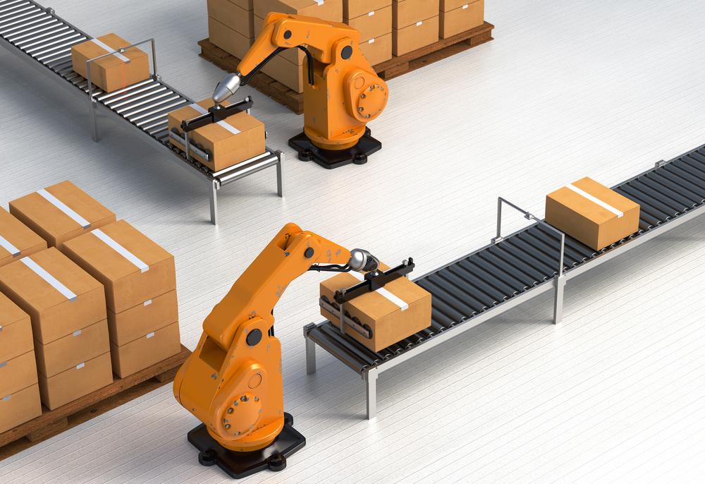 A relevant stock photo of robotic palletizing in a typical setting.
