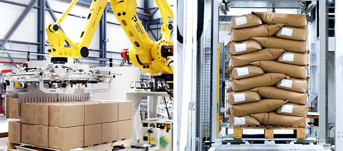 A relevant stock photo of robotic palletizing in a typical setting.