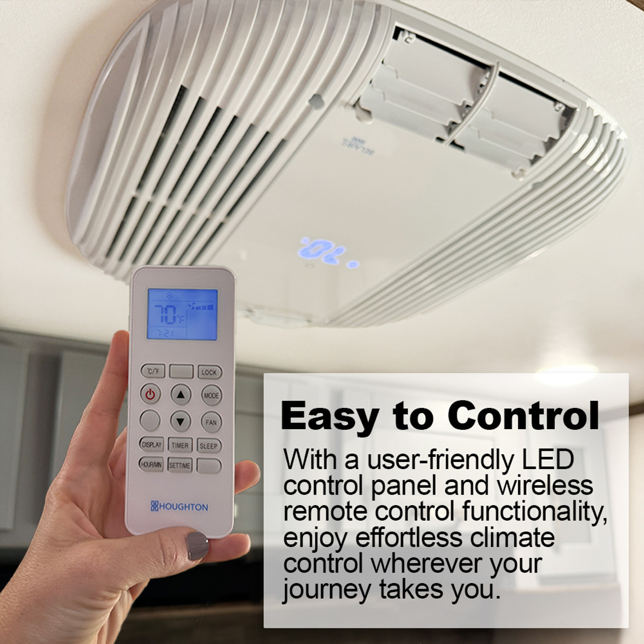 A relevant stock photo of rv air conditioner in a typical setting.