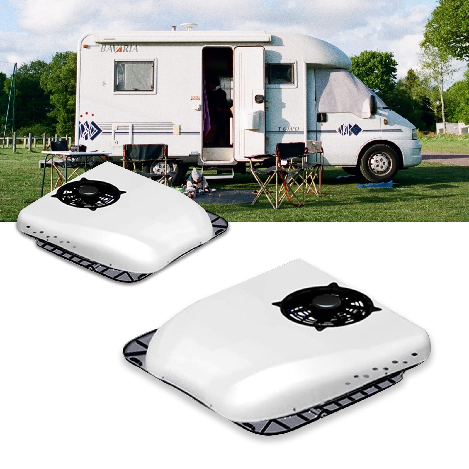 A relevant stock photo of rv air conditioner in a typical setting.