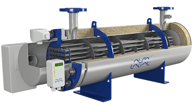 A relevant stock photo of shell & tube type heat exchanger in a typical setting.