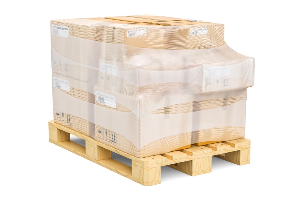 A relevant stock photo of shipping palate in a typical setting.