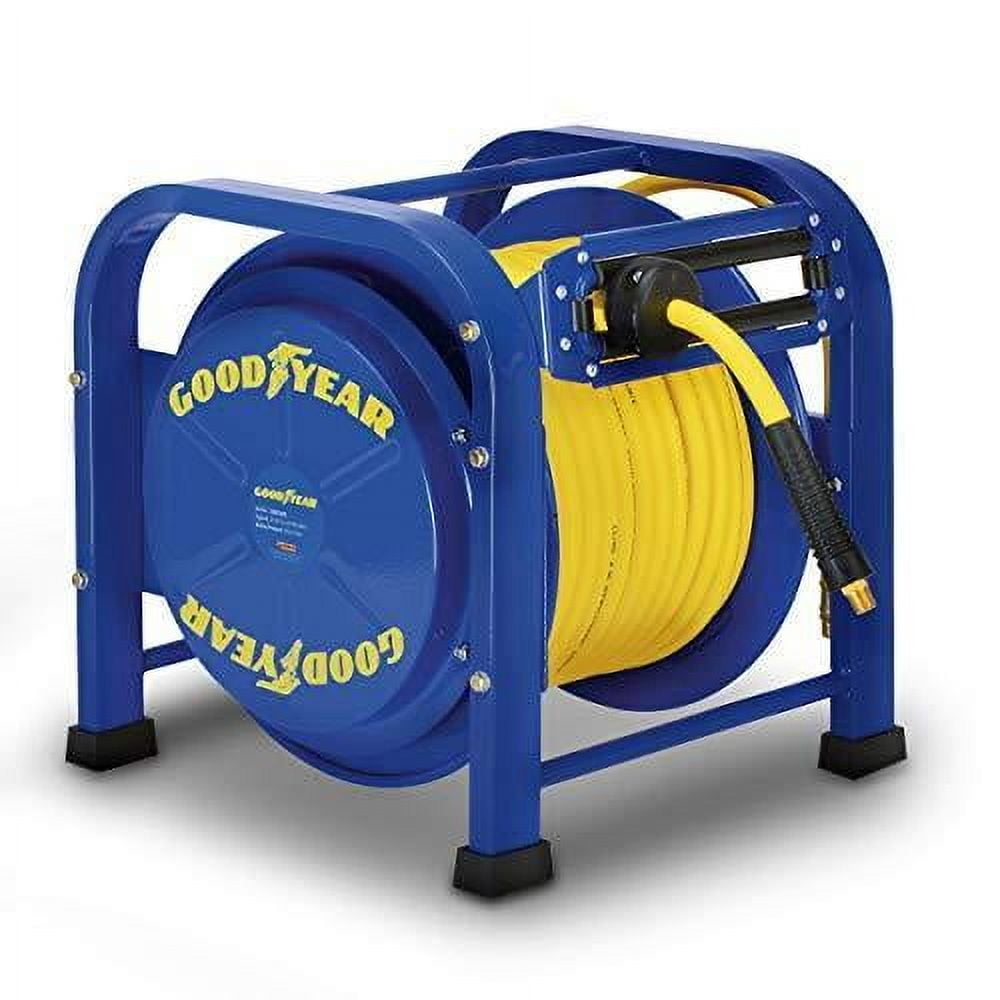 A relevant stock photo of spring driven hose reel in a typical setting.