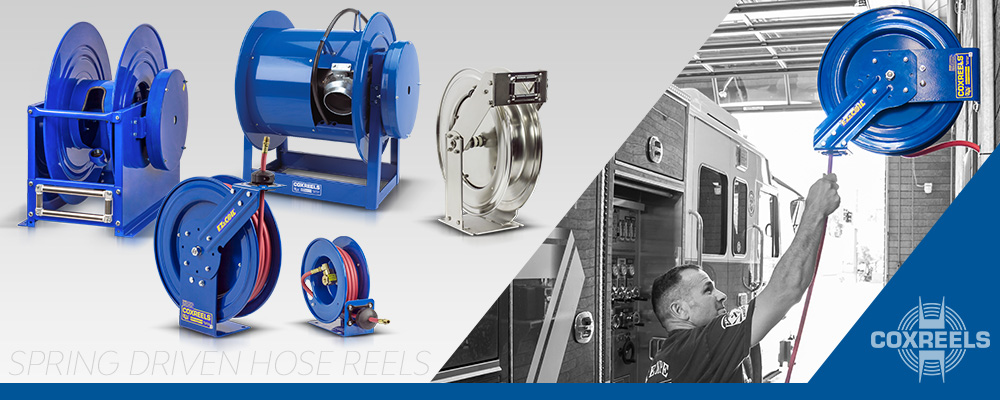 A relevant stock photo of spring driven hose reel in a typical setting.