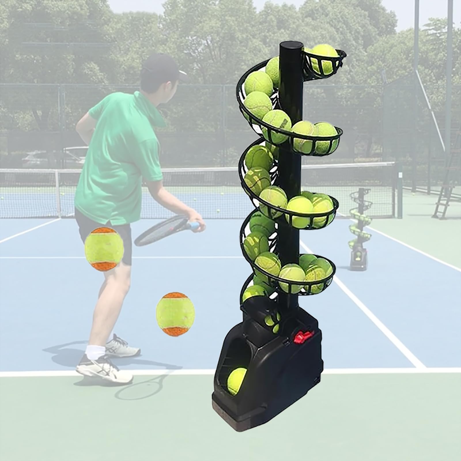 A relevant stock photo of tennis ball machine in a typical setting.
