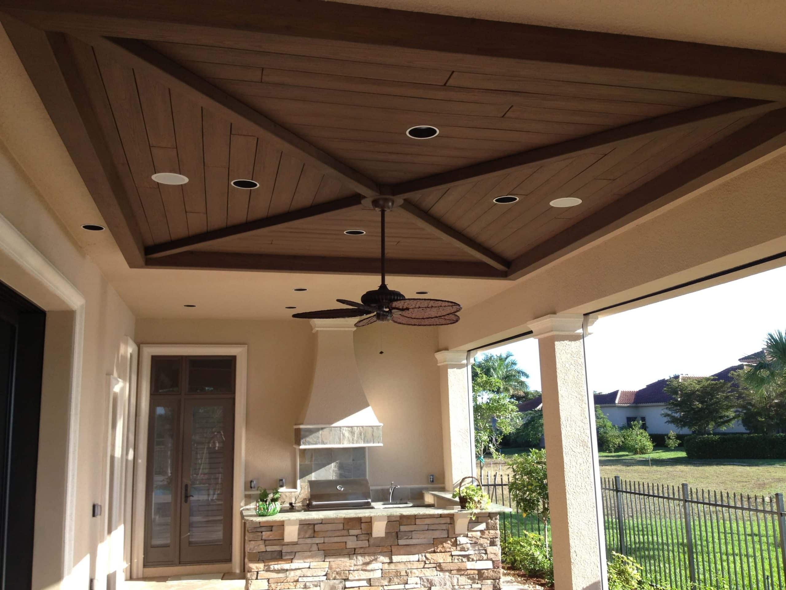 A relevant stock photo of tongue and groove ceiling in a typical setting.