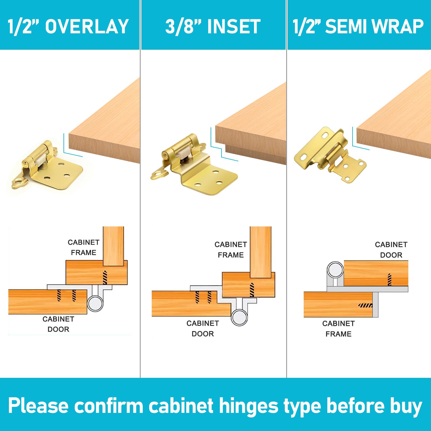 A relevant stock photo of types of cabinet hinges in a typical setting.