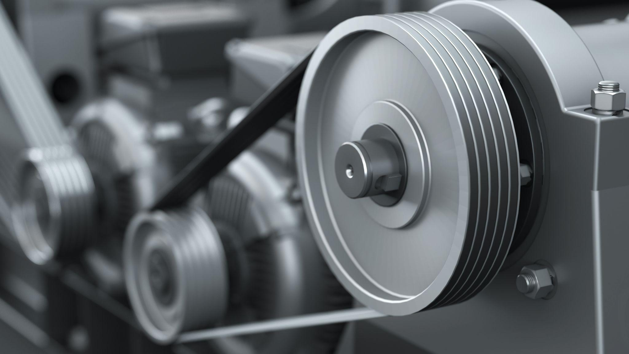 A relevant stock photo of vee belt and pulley in a typical setting.